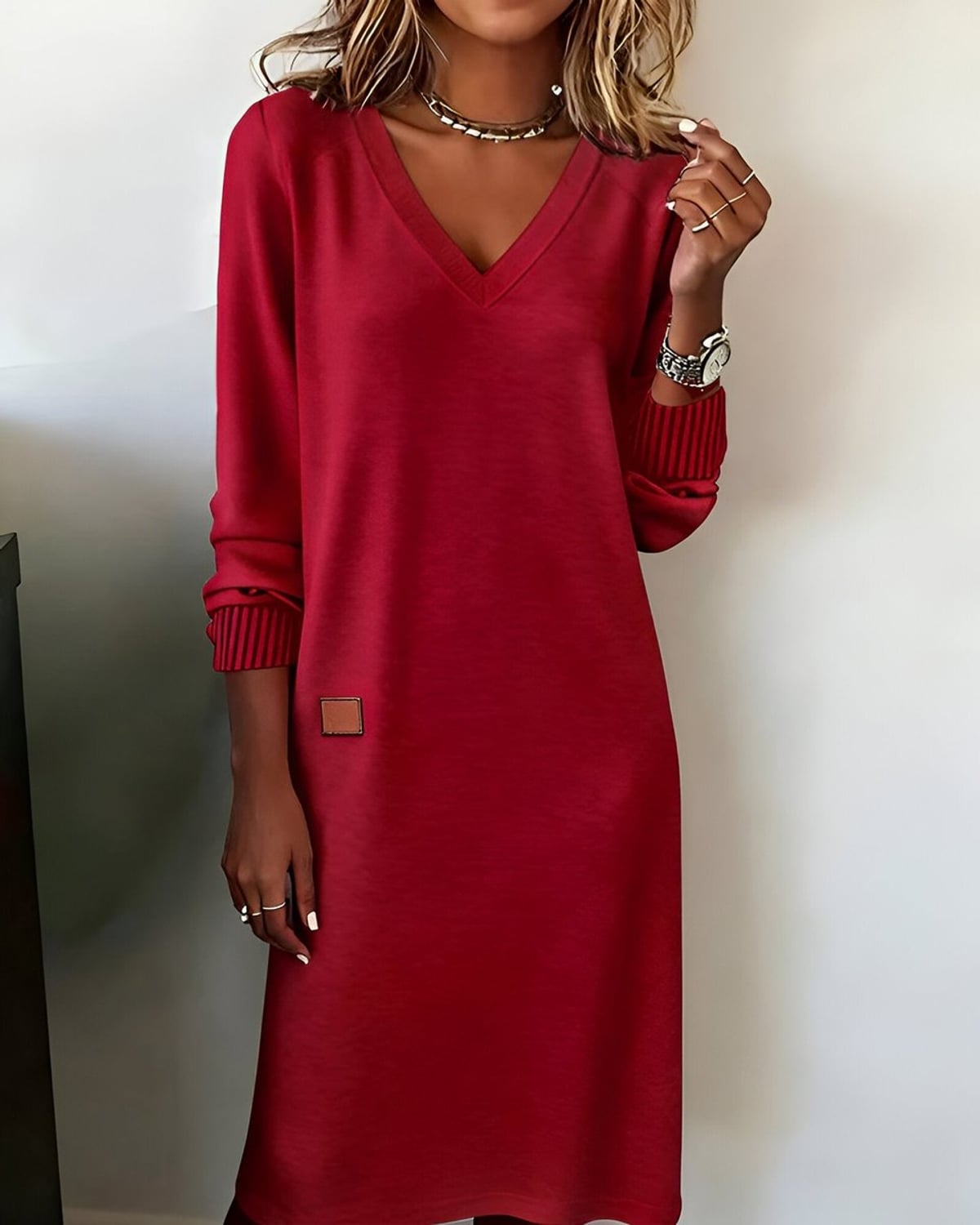 women's long sleeve v-neck midi dress in red