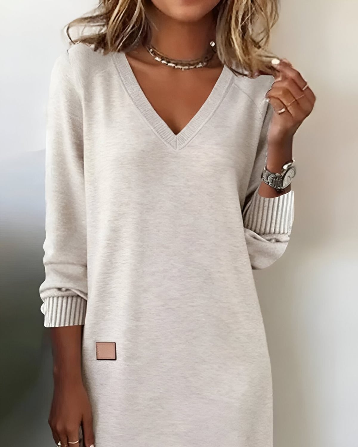 women's long sleeve v-neck midi dress in white