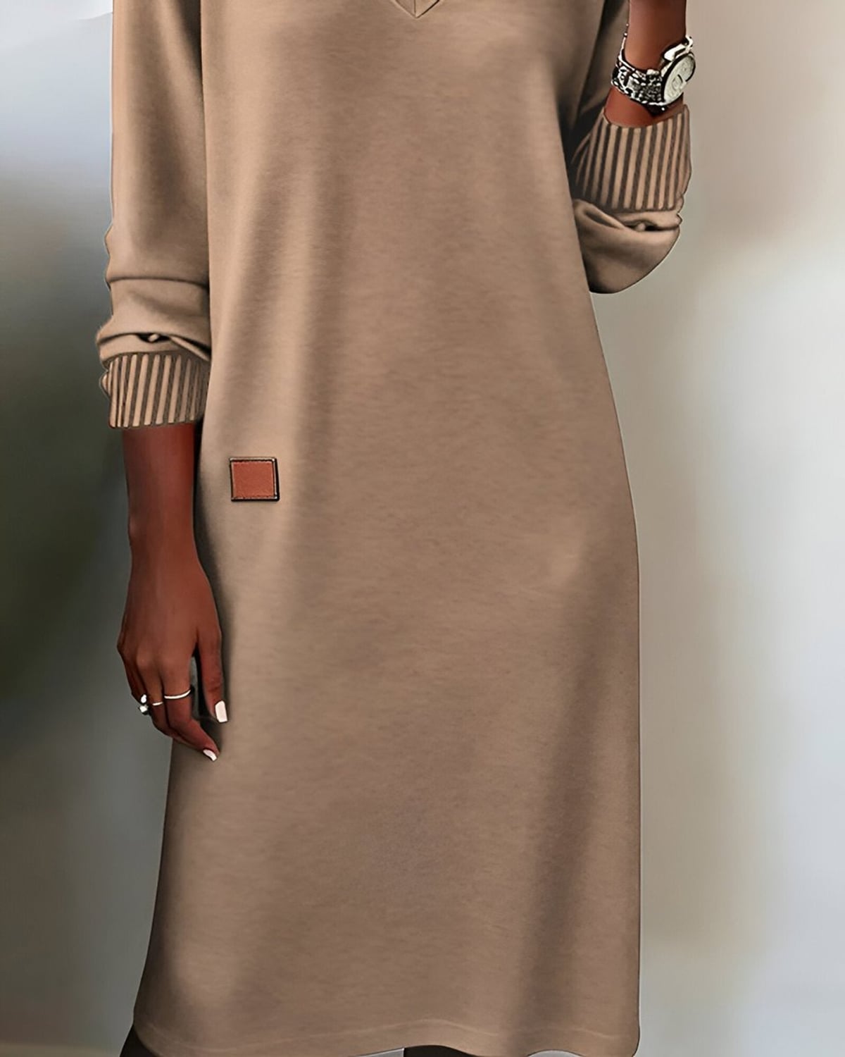women's long sleeve v-neck midi dress in brown