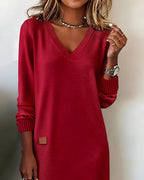 women's long sleeve v-neck midi dress in red