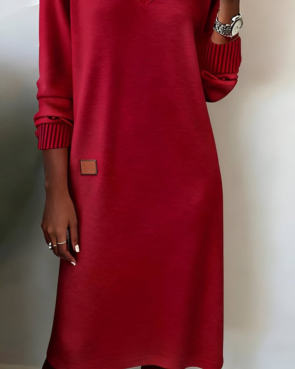 women's long sleeve v-neck midi dress in red