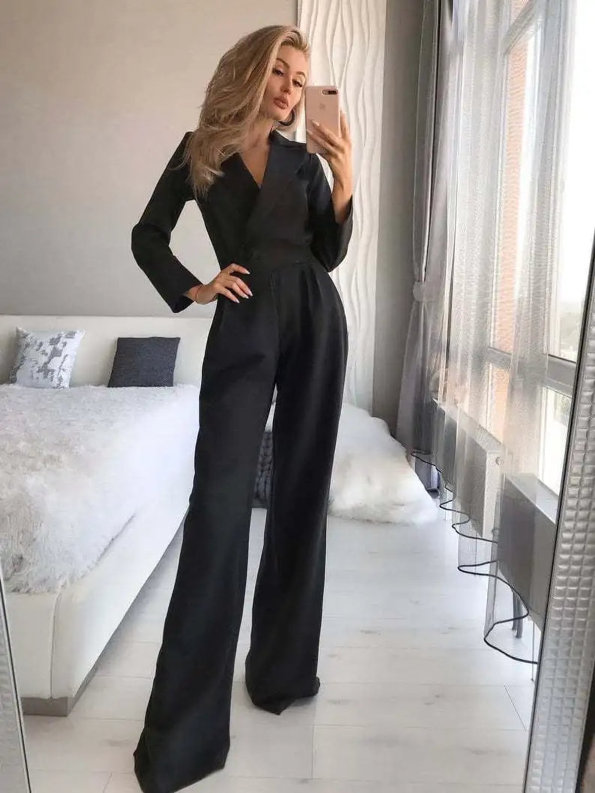 women's long sleeve wide leg jumpsuit in black