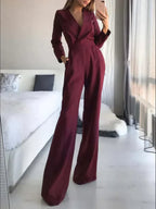 women's long sleeve wide leg jumpsuit in red