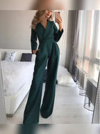women's long sleeve wide leg jumpsuit in green