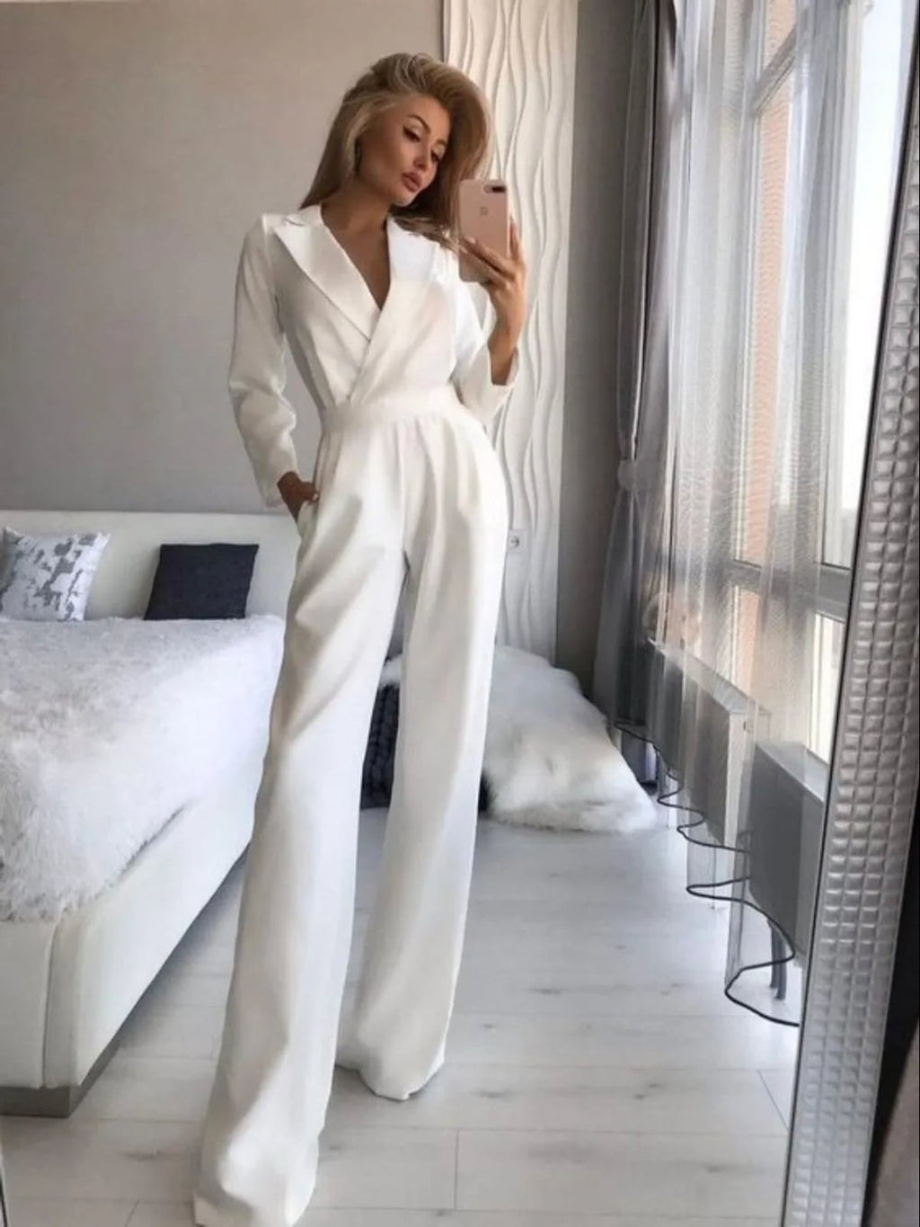 women's long sleeve wide leg jumpsuit in white