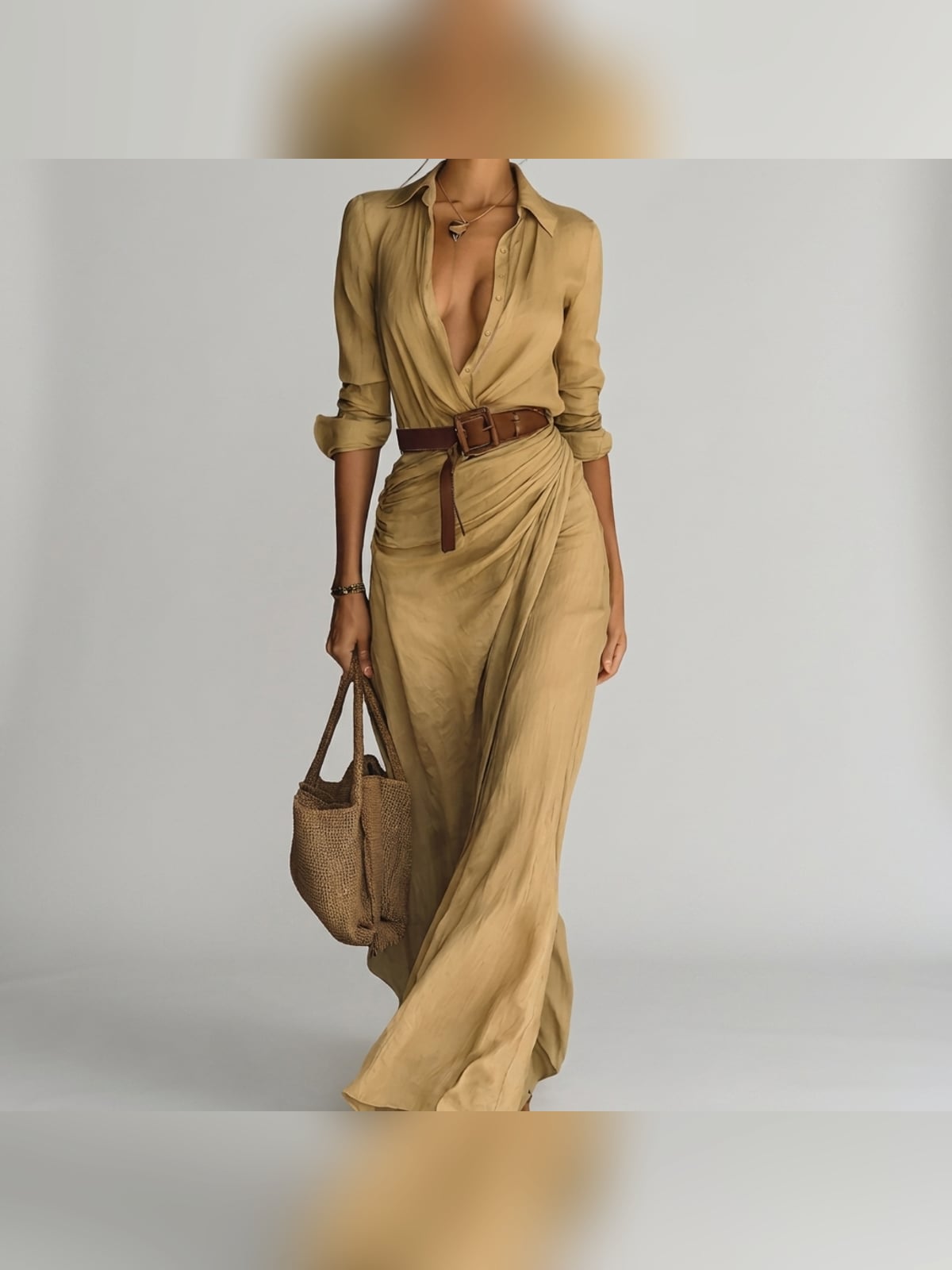 women's long sleeve wrap maxi dress in khaki