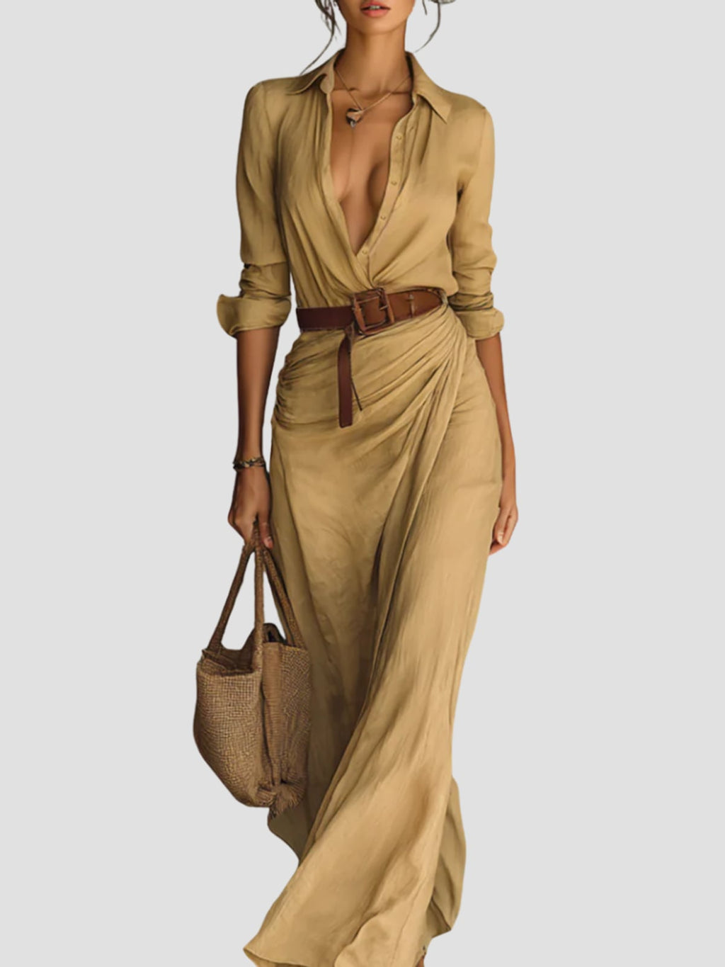 women's long sleeve wrap maxi dress in khaki