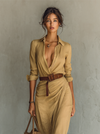 women's long sleeve wrap maxi dress in khaki