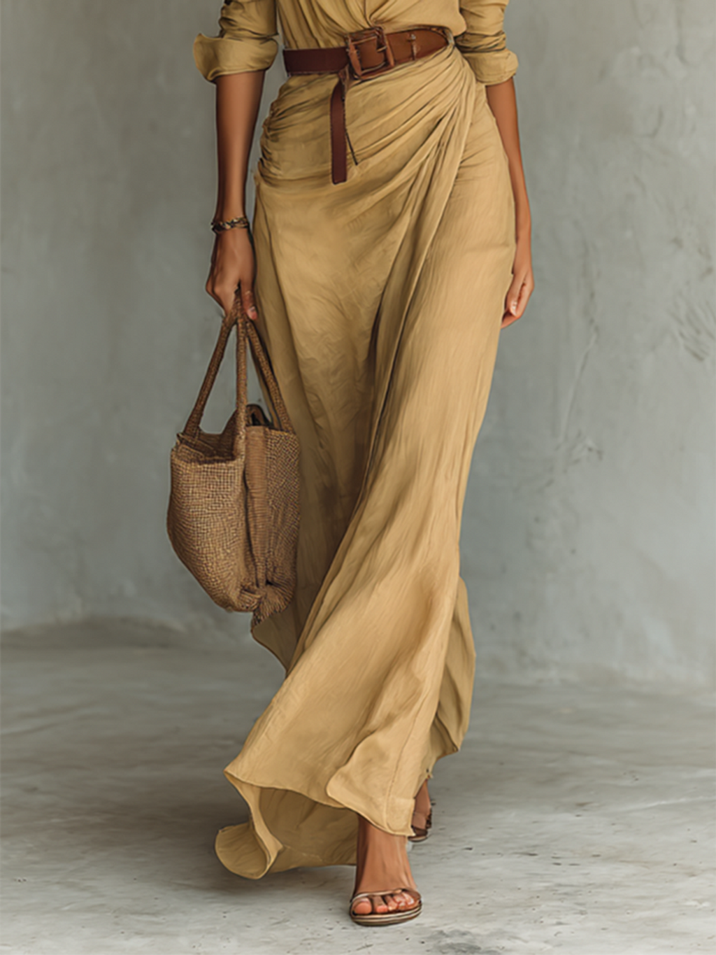 women's long sleeve wrap maxi dress in khaki