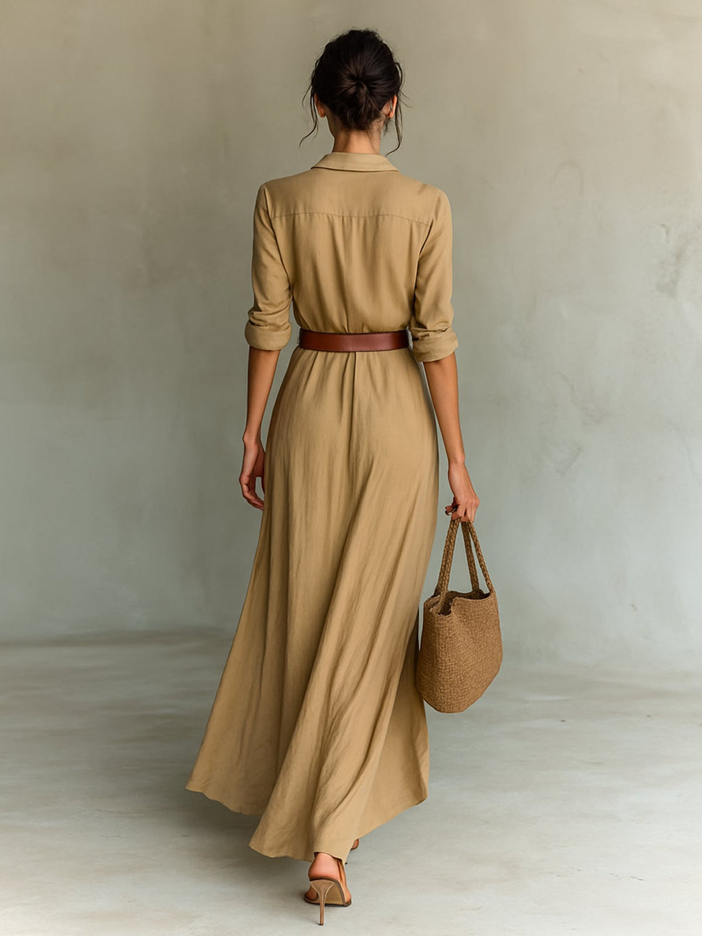 women's long sleeve wrap maxi dress in khaki
