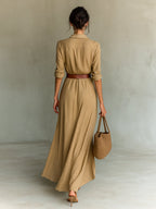women's long sleeve wrap maxi dress in khaki