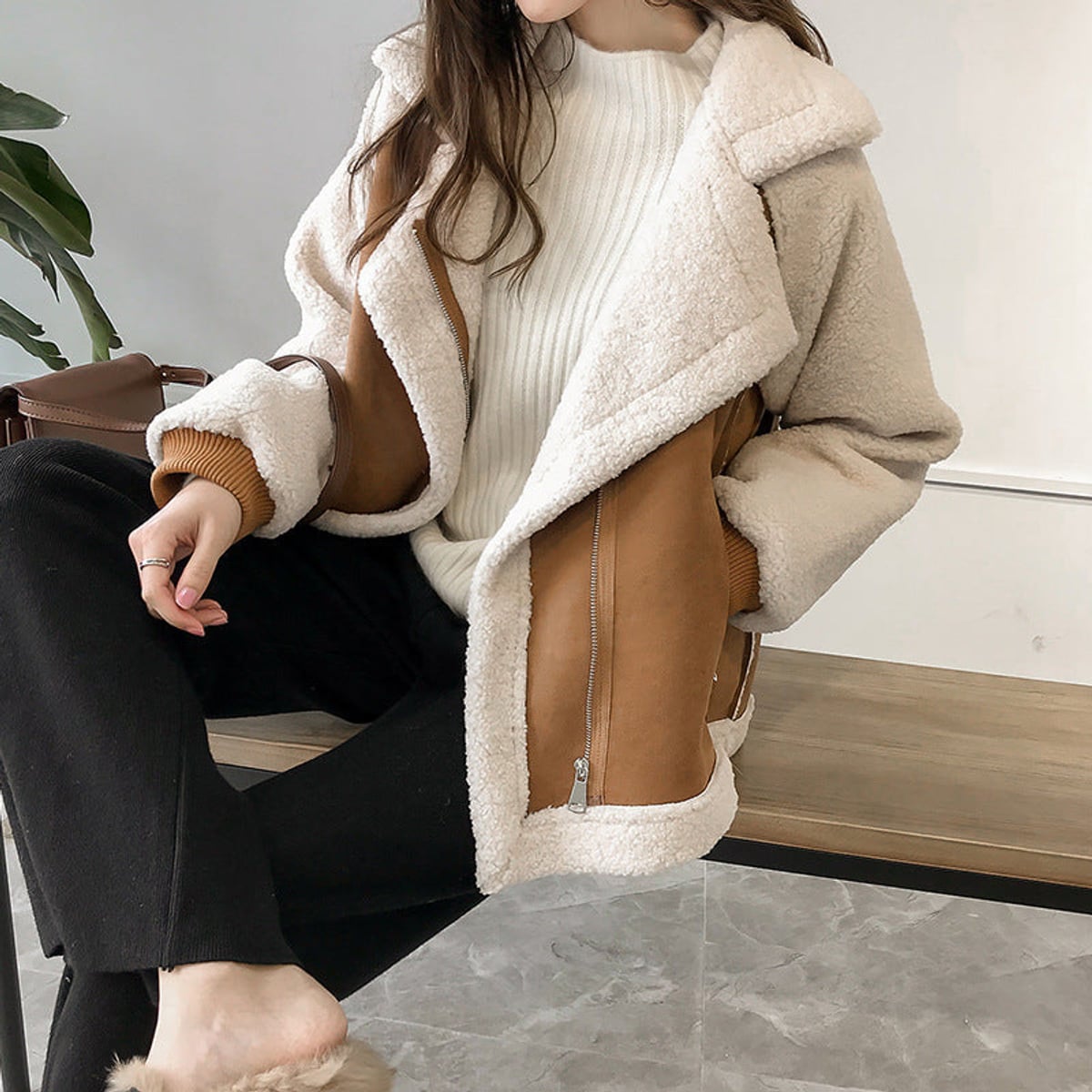 women's oversized aviator biker jacket in brown