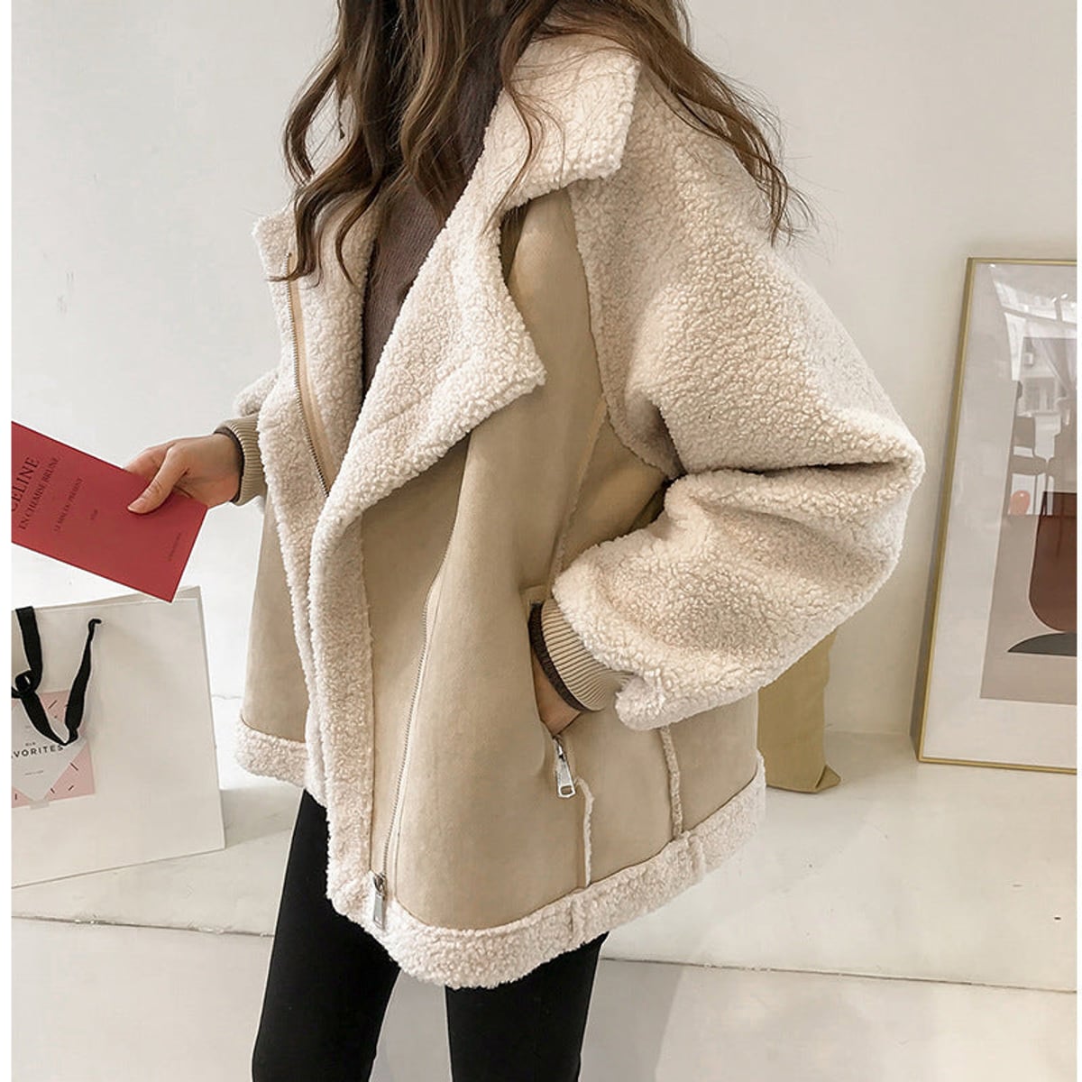 women's oversized aviator biker jacket in beige