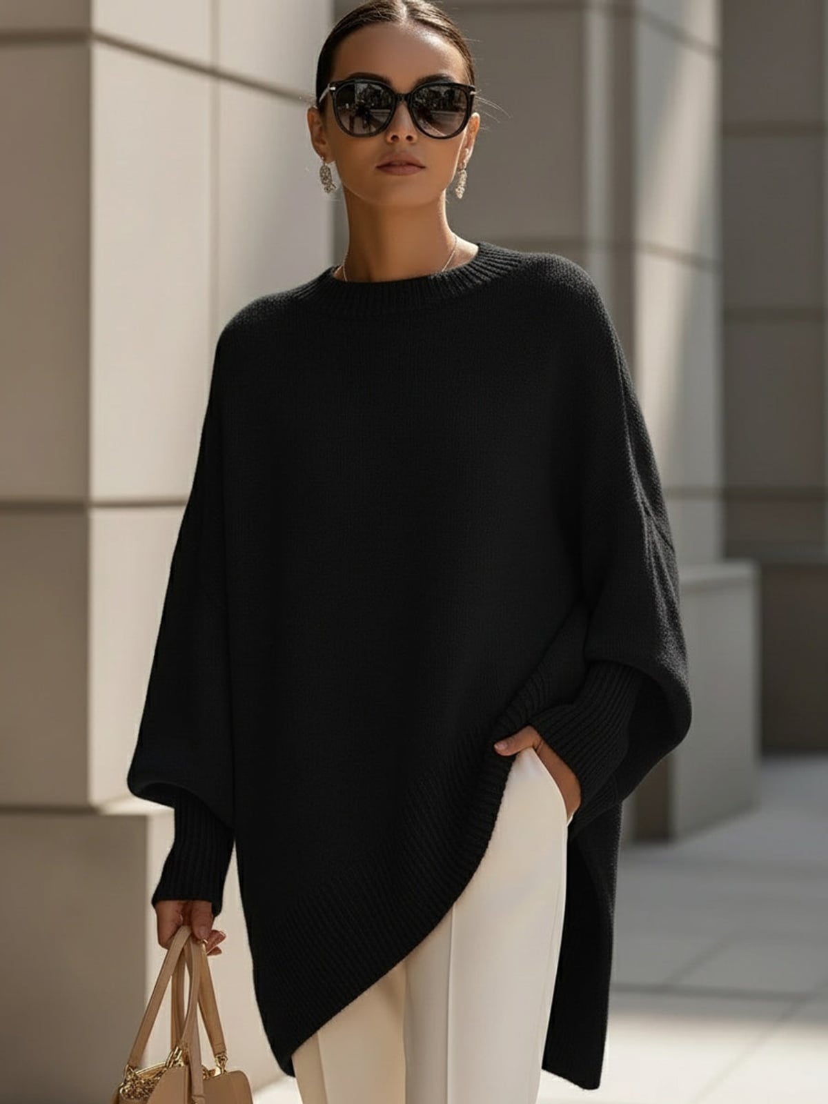 women's oversized batwing poncho sweater in black