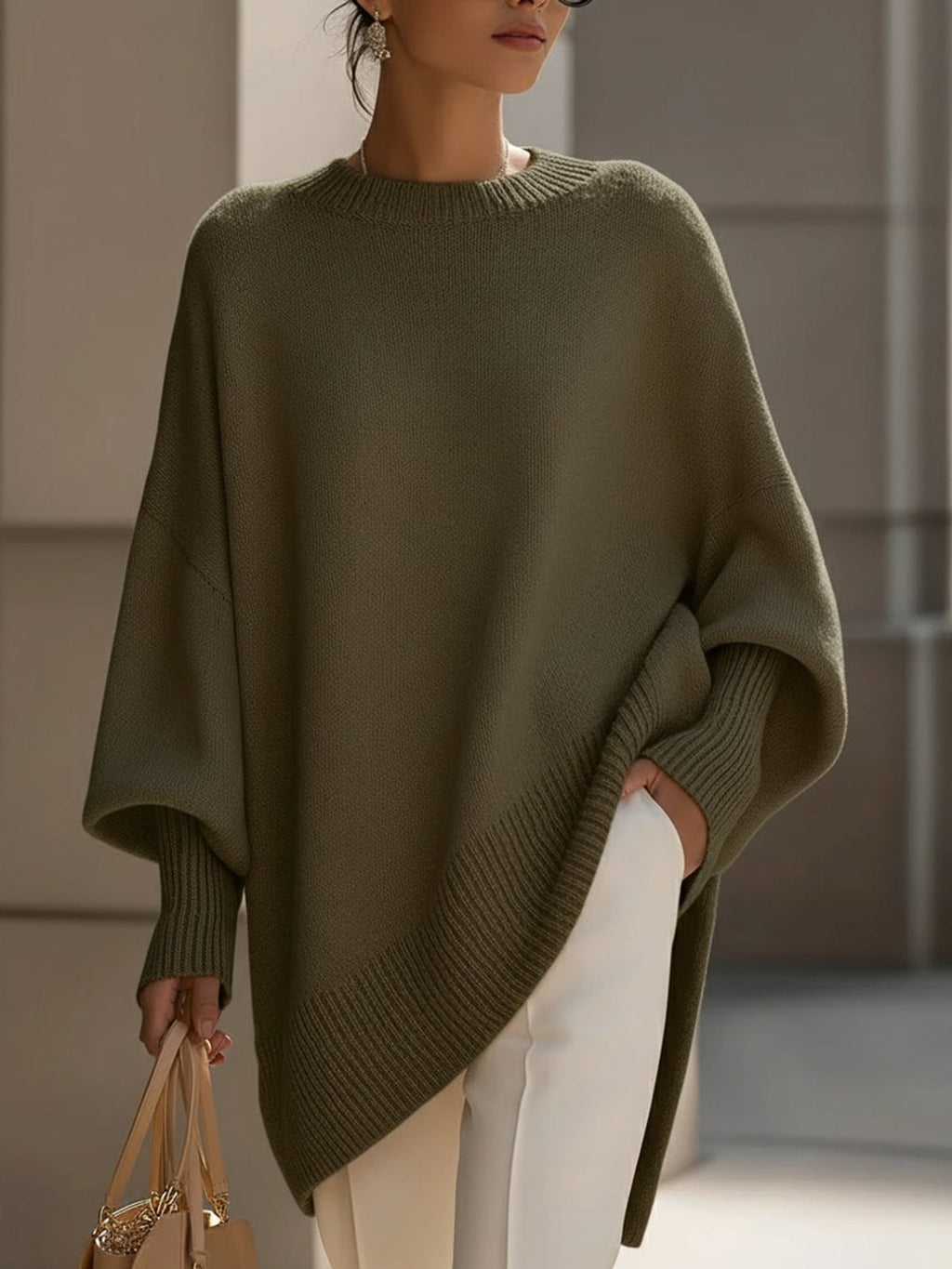women's oversized batwing poncho sweater in olive green