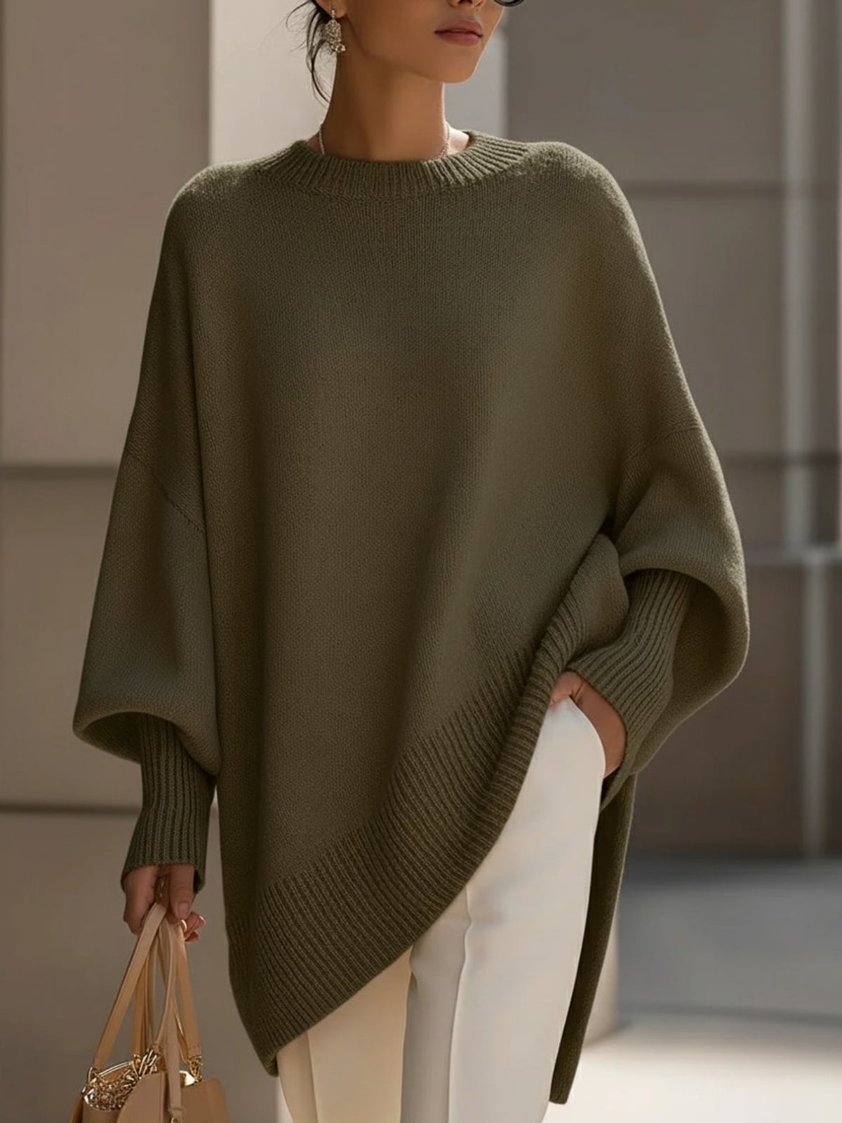 women's oversized batwing poncho sweater in olive green