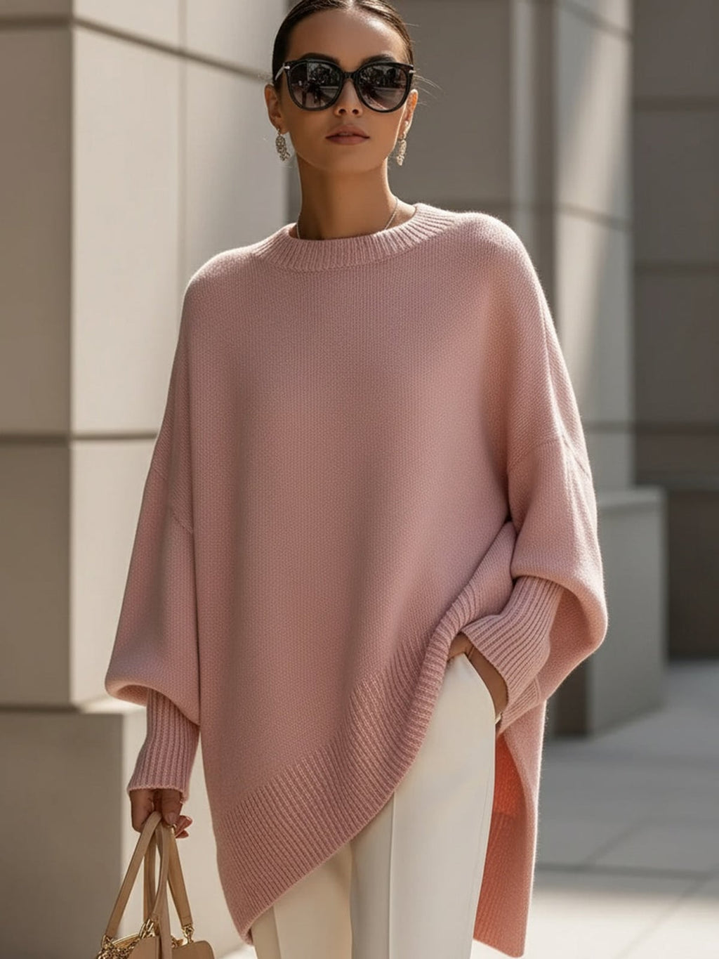 women's oversized batwing poncho sweater in pink