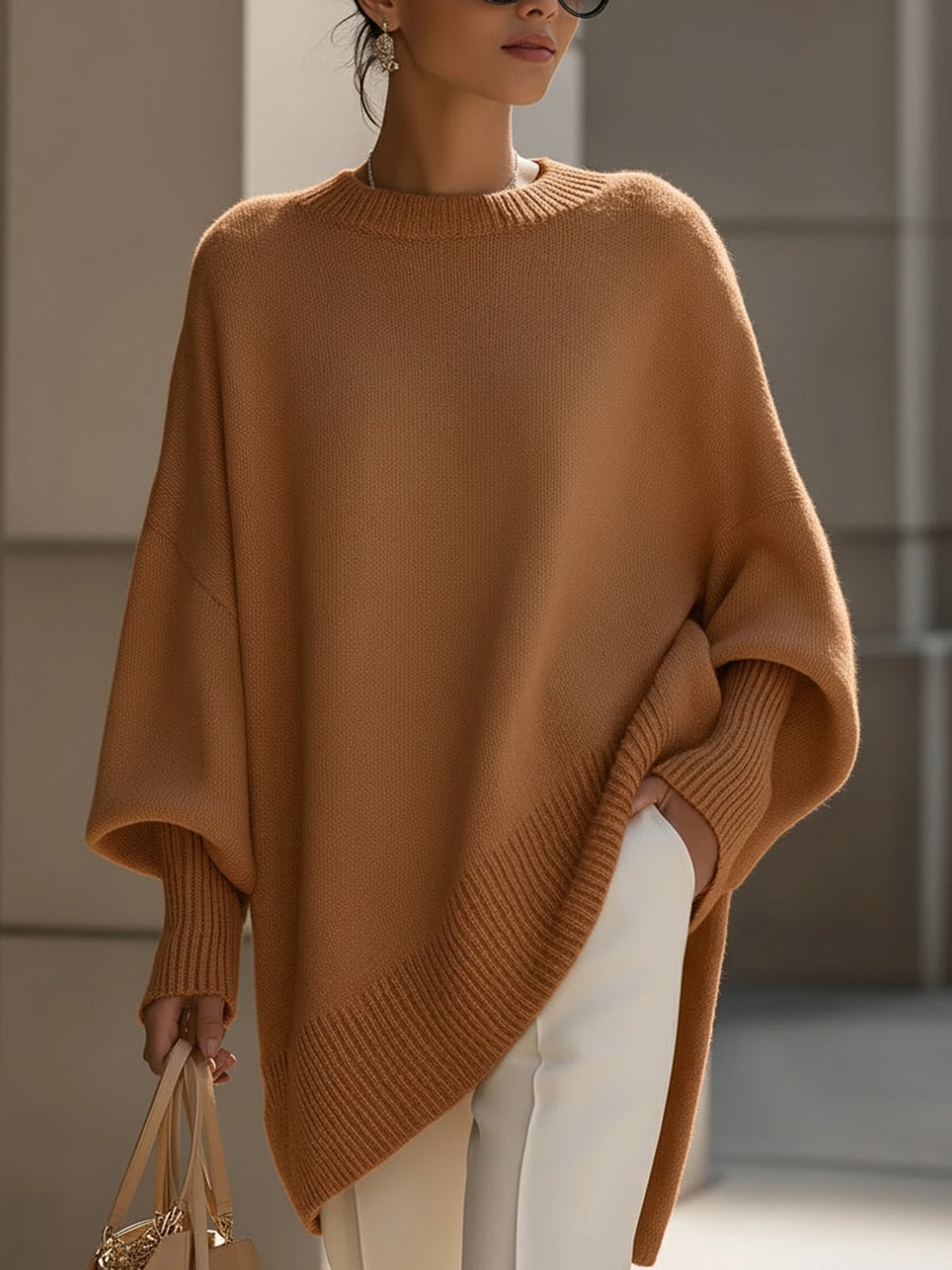 women's oversized batwing poncho sweater in brown