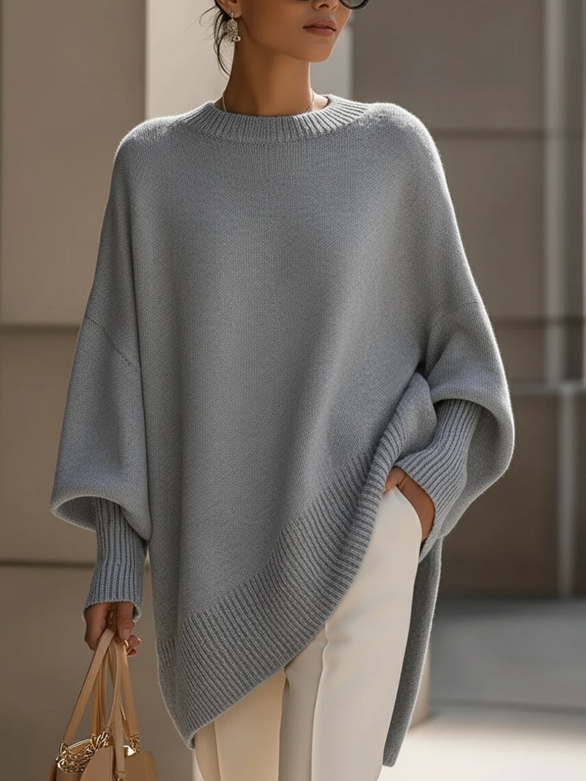 women's oversized batwing poncho sweater in gray