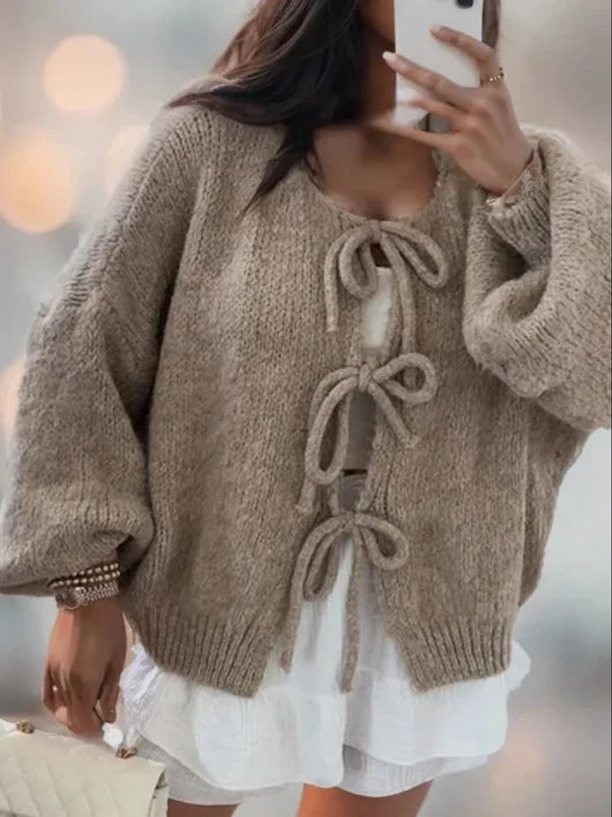 women's oversized bow-tie knit cardigan in khaki