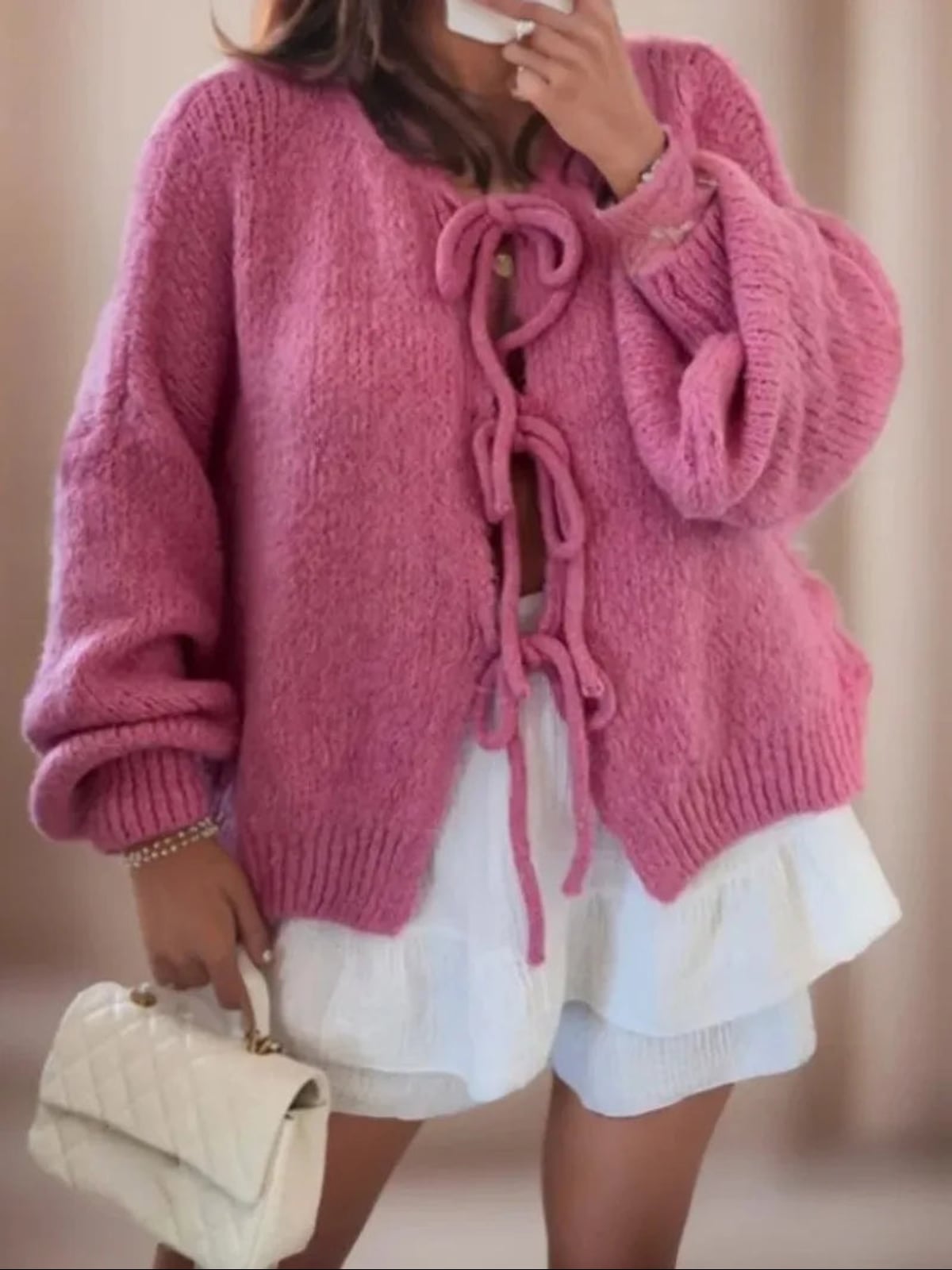 women's oversized bow-tie knit cardigan in pink