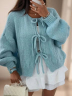 women's oversized bow-tie knit cardigan in blue