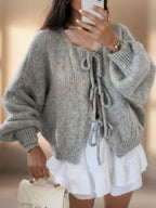 women's oversized bow-tie knit cardigan in gray