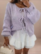 women's oversized bow-tie knit cardigan in purple