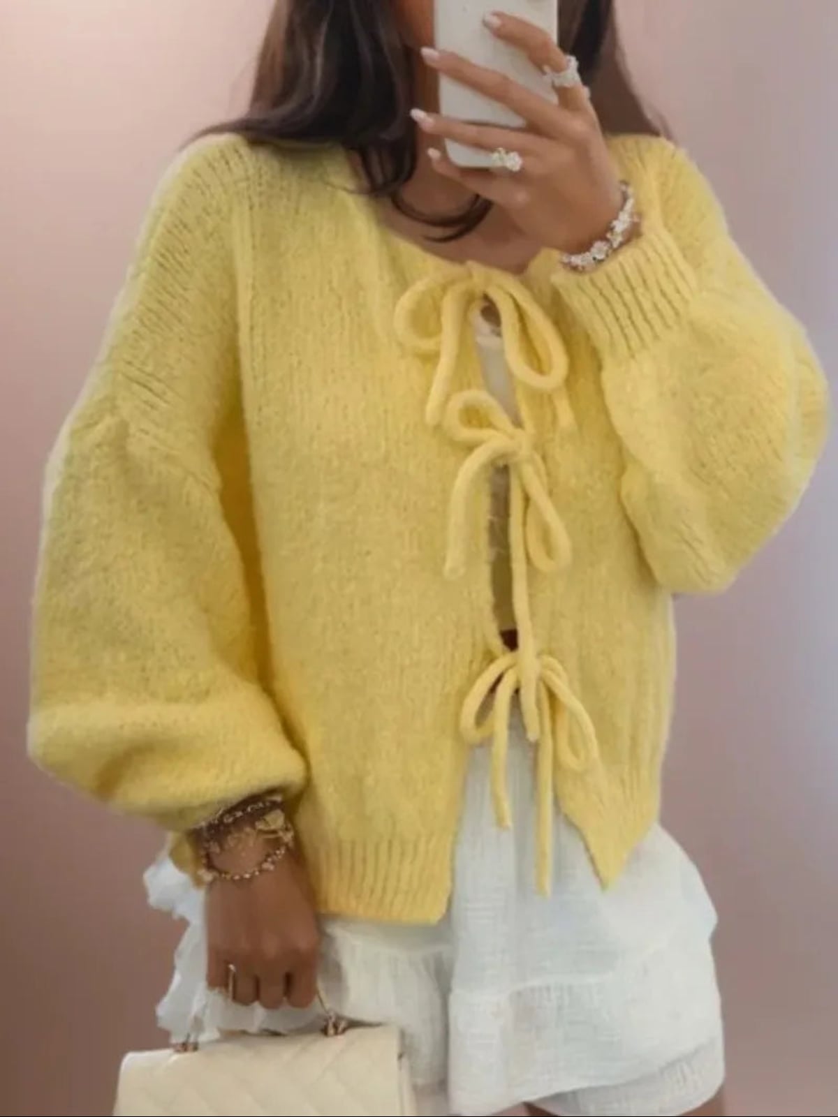 women's oversized bow-tie knit cardigan in yellow