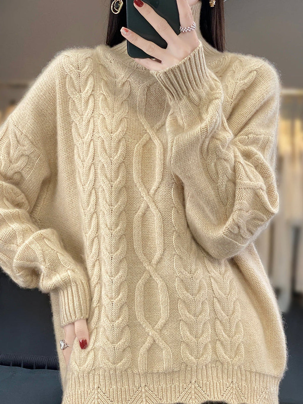 women's oversized cable knit pullover sweater in natural beige