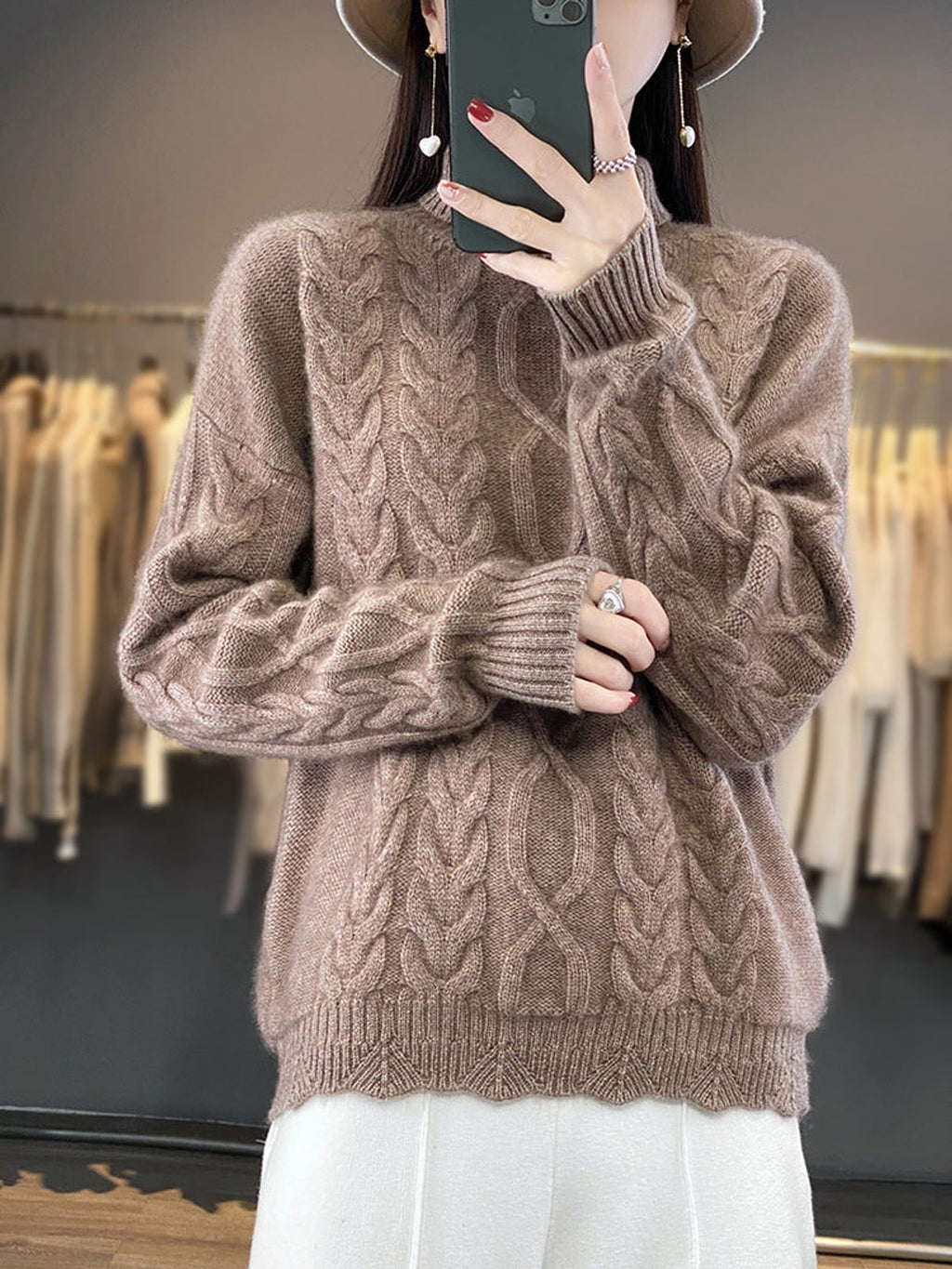 women's oversized cable knit pullover sweater in natural camel
