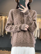 women's oversized cable knit pullover sweater in natural camel