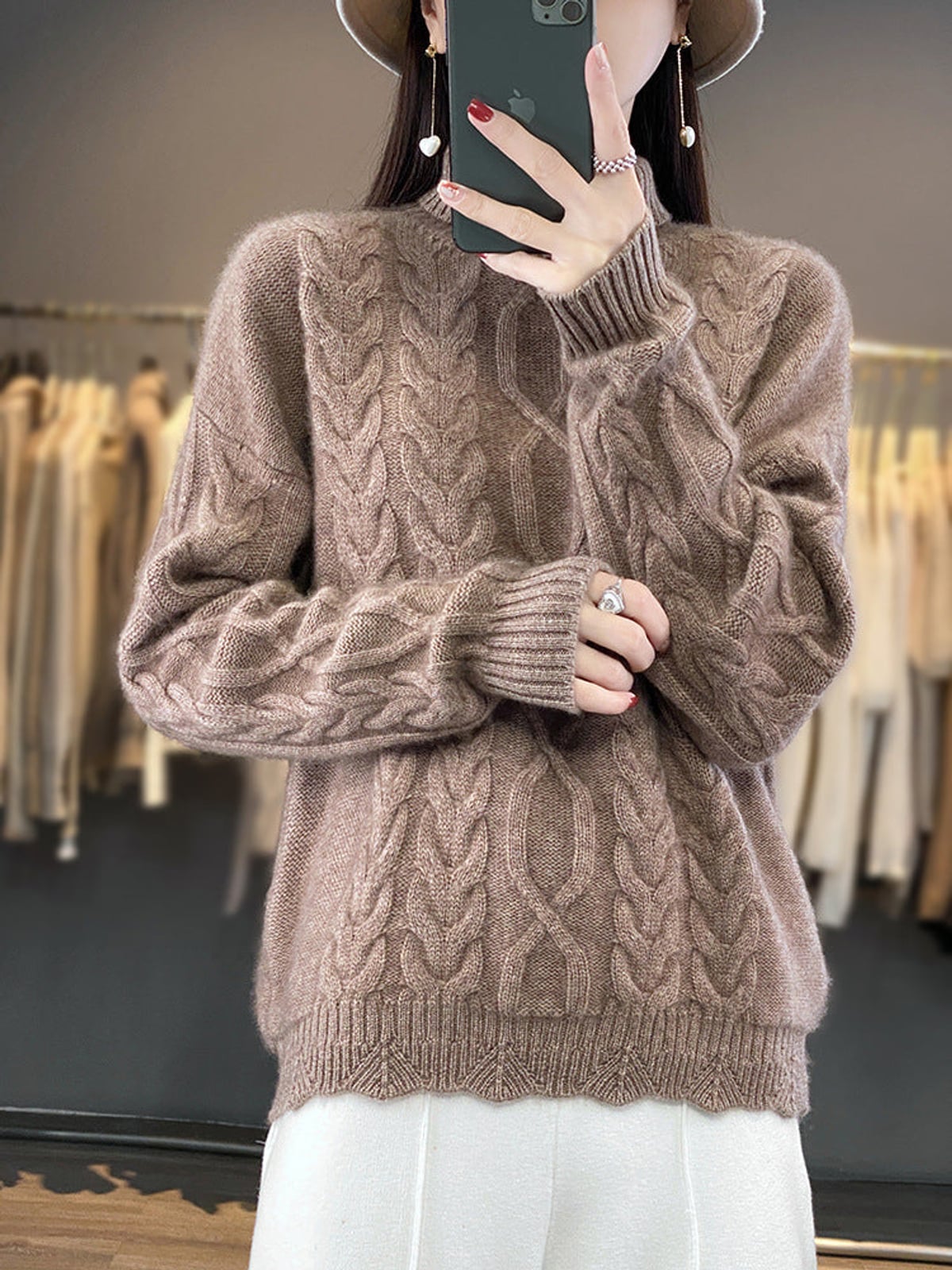 women's oversized cable knit pullover sweater in natural camel