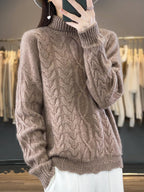 women's oversized cable knit pullover sweater in natural camel