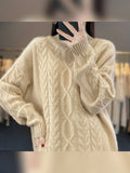 women's oversized cable knit pullover sweater in natural beige