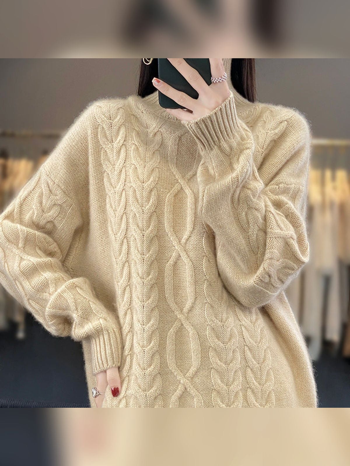 women's oversized cable knit pullover sweater in natural beige