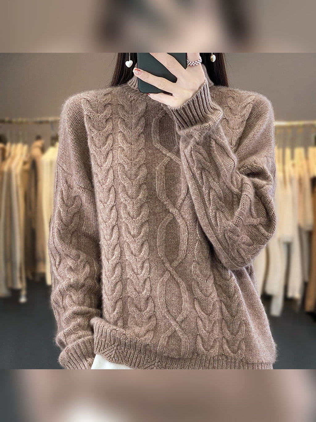 women's oversized cable knit pullover sweater in natural camel