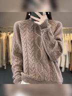 women's oversized cable knit pullover sweater in natural camel
