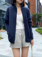 women's oversized cable knit zip-up sweater in navy