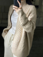 women's oversized cable knit zip-up sweater in ecru
