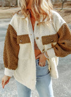 women's oversized colour block shacket in brown