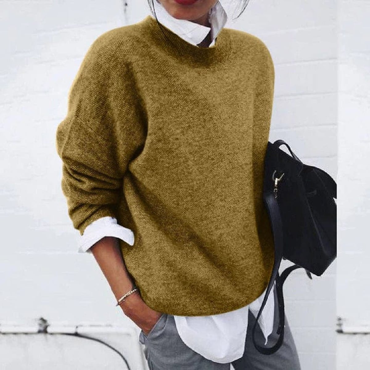 women's oversized crew neck sweater in khaki