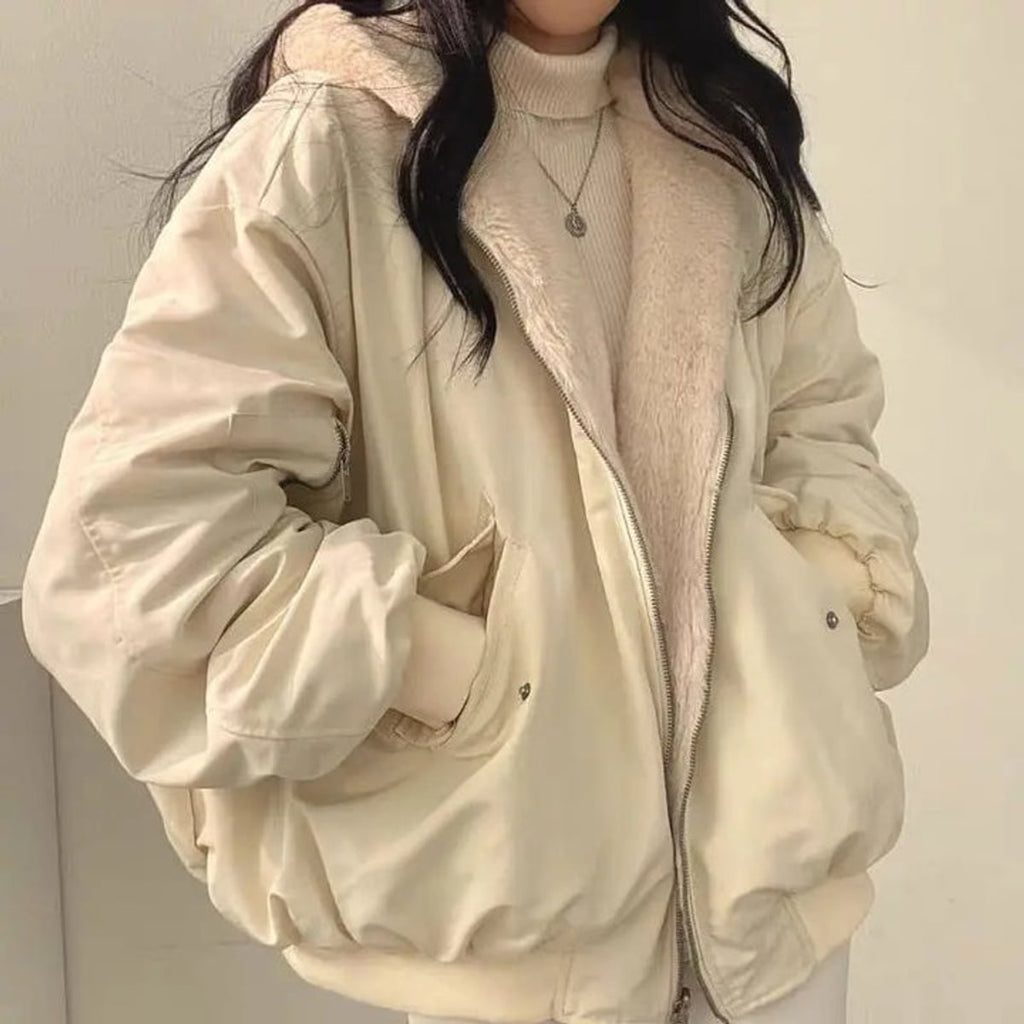 women's oversized fleece-lined bomber jacket in beige
