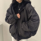 women's oversized fleece-lined bomber jacket in black