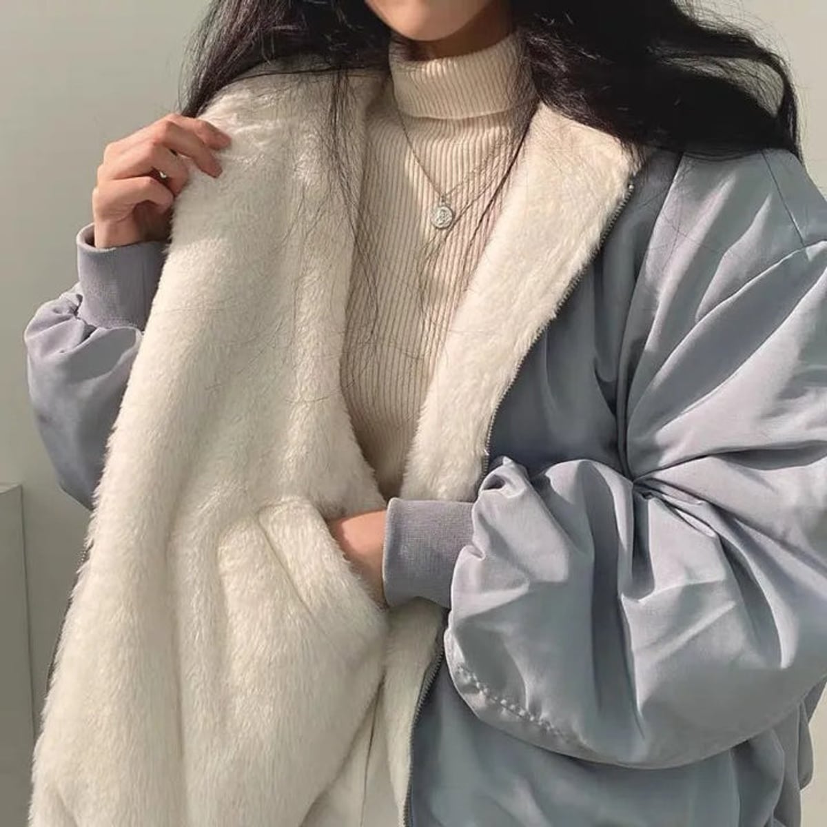 women's oversized fleece-lined bomber jacket in blue