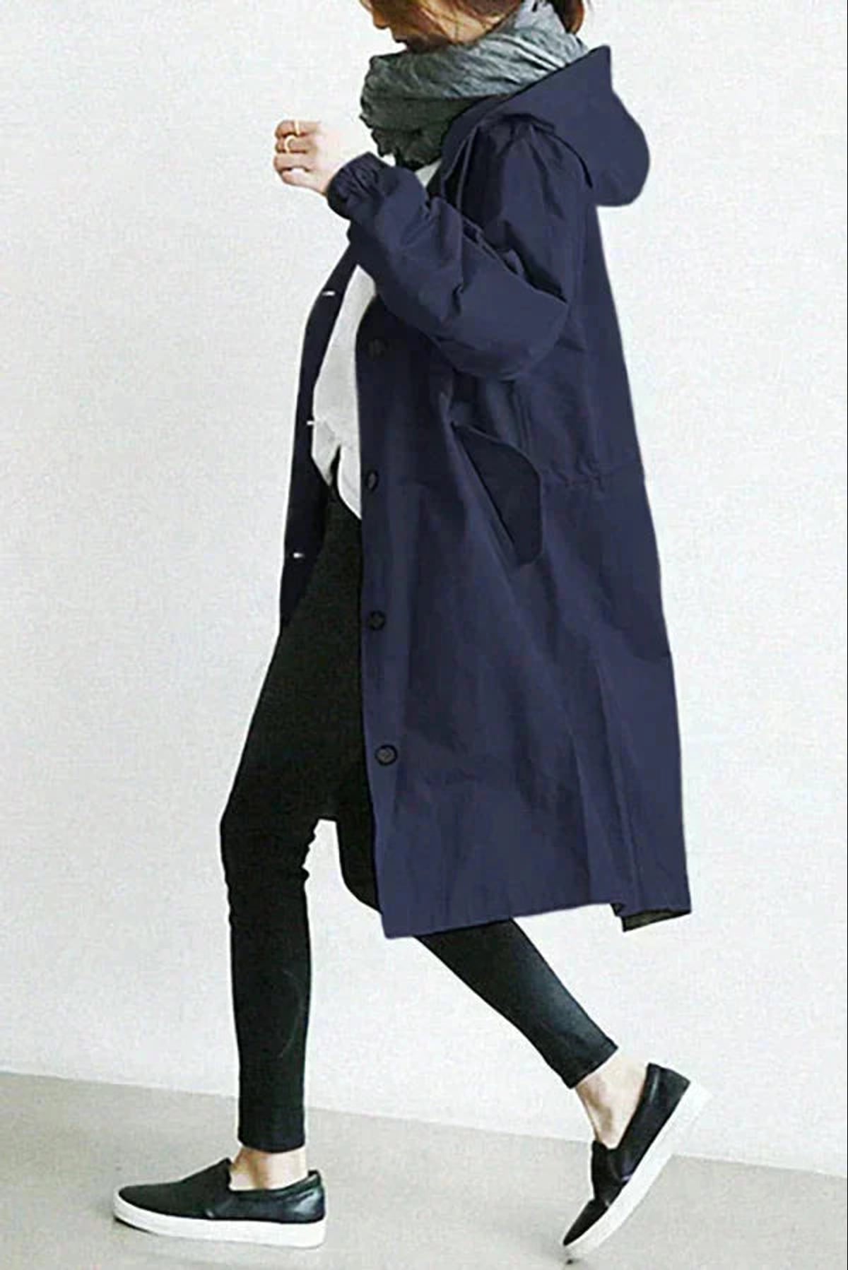 women's oversized hood rain coat navy blue