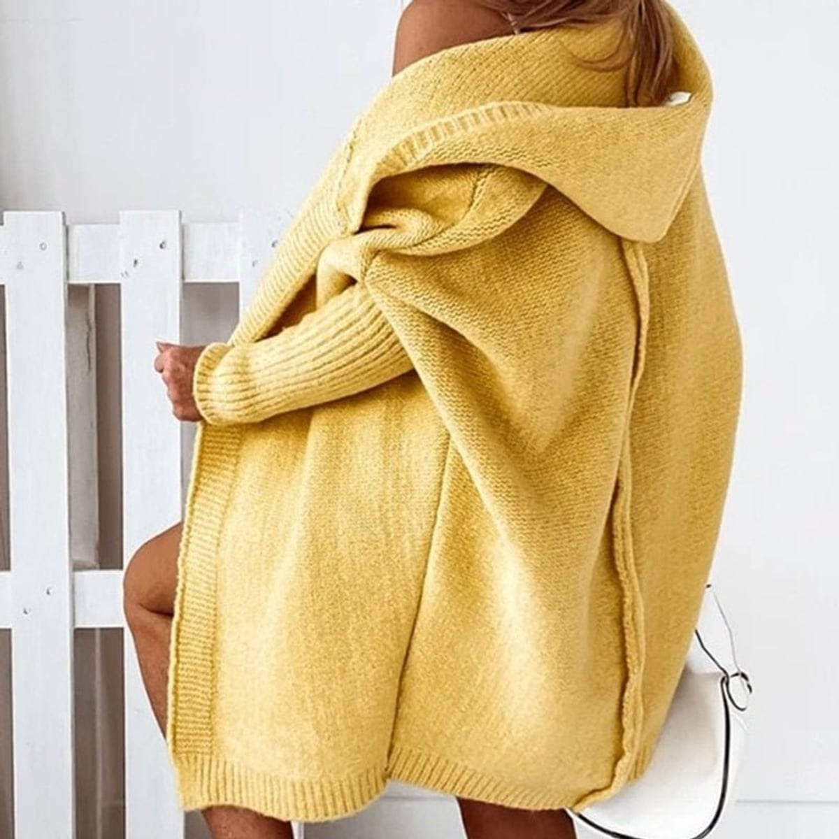 women's oversized hooded cardigan sweater in yellow
