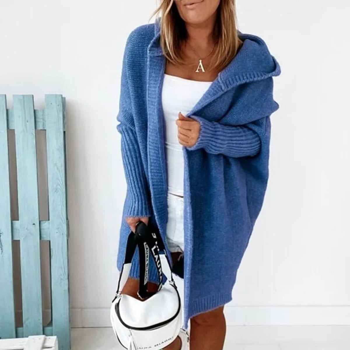 women's oversized hooded cardigan sweater in blue