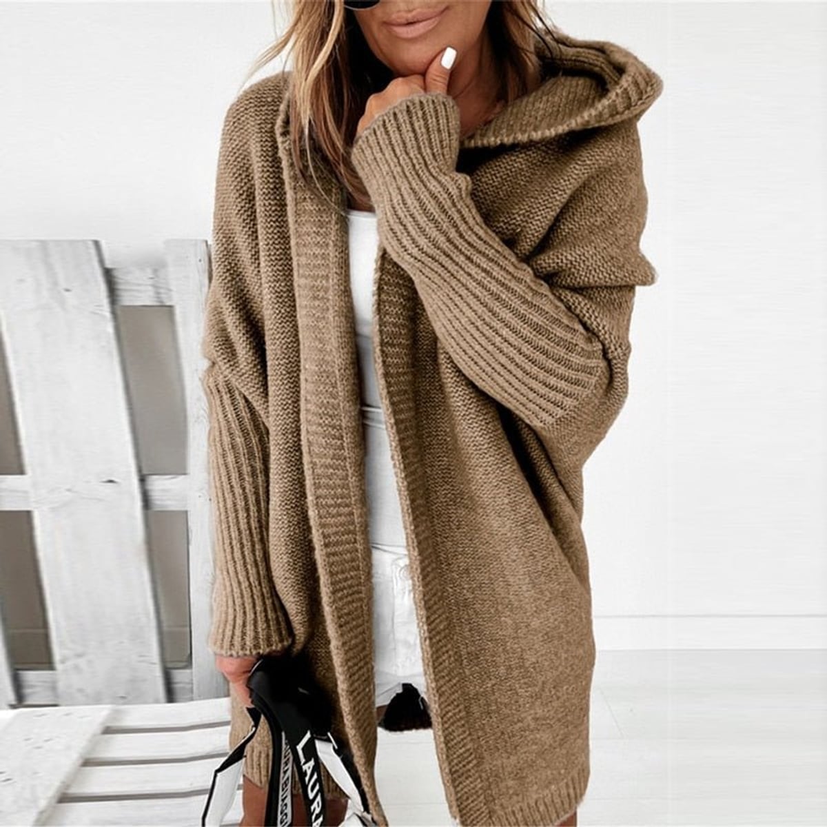 women's oversized hooded cardigan sweater in khaki