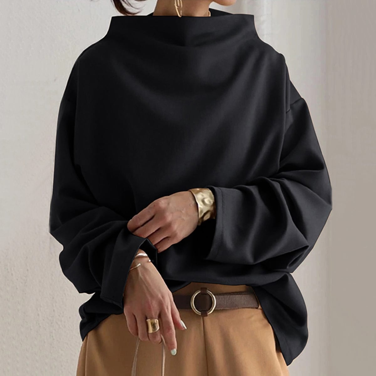 women's oversized mock neck long sleeve top in black